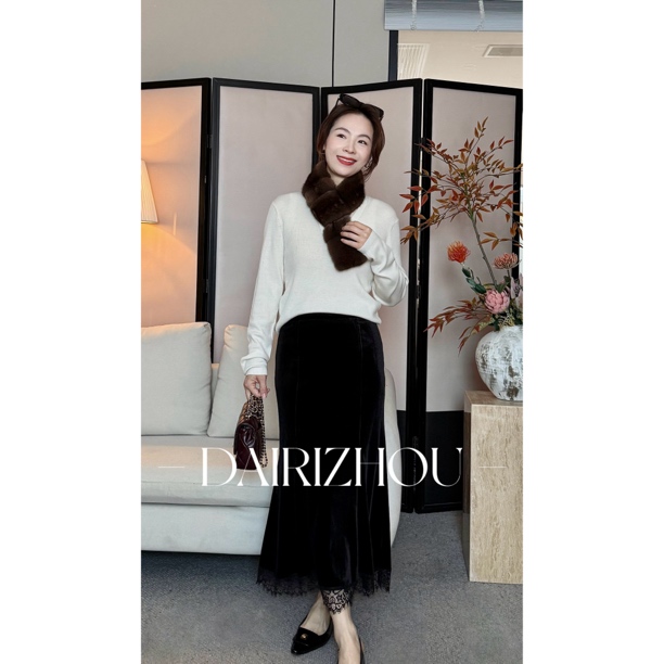 DAIRI  ZHOU▪️格调趣致   高腰下摆拼蕾丝半身裙气质静奢风赫本风