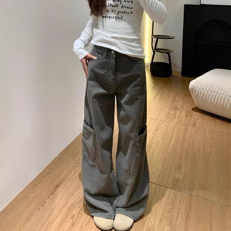 【免费试穿】美式阔腿工装裤女高腰宽松梨型身材显瘦直筒牛仔裤子