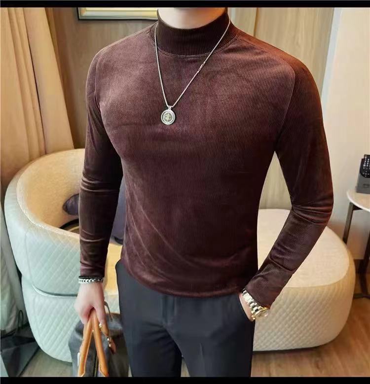 秋冬简约百搭铜氨绒修身半高领长袖气质中领打底针织上衣T恤7577