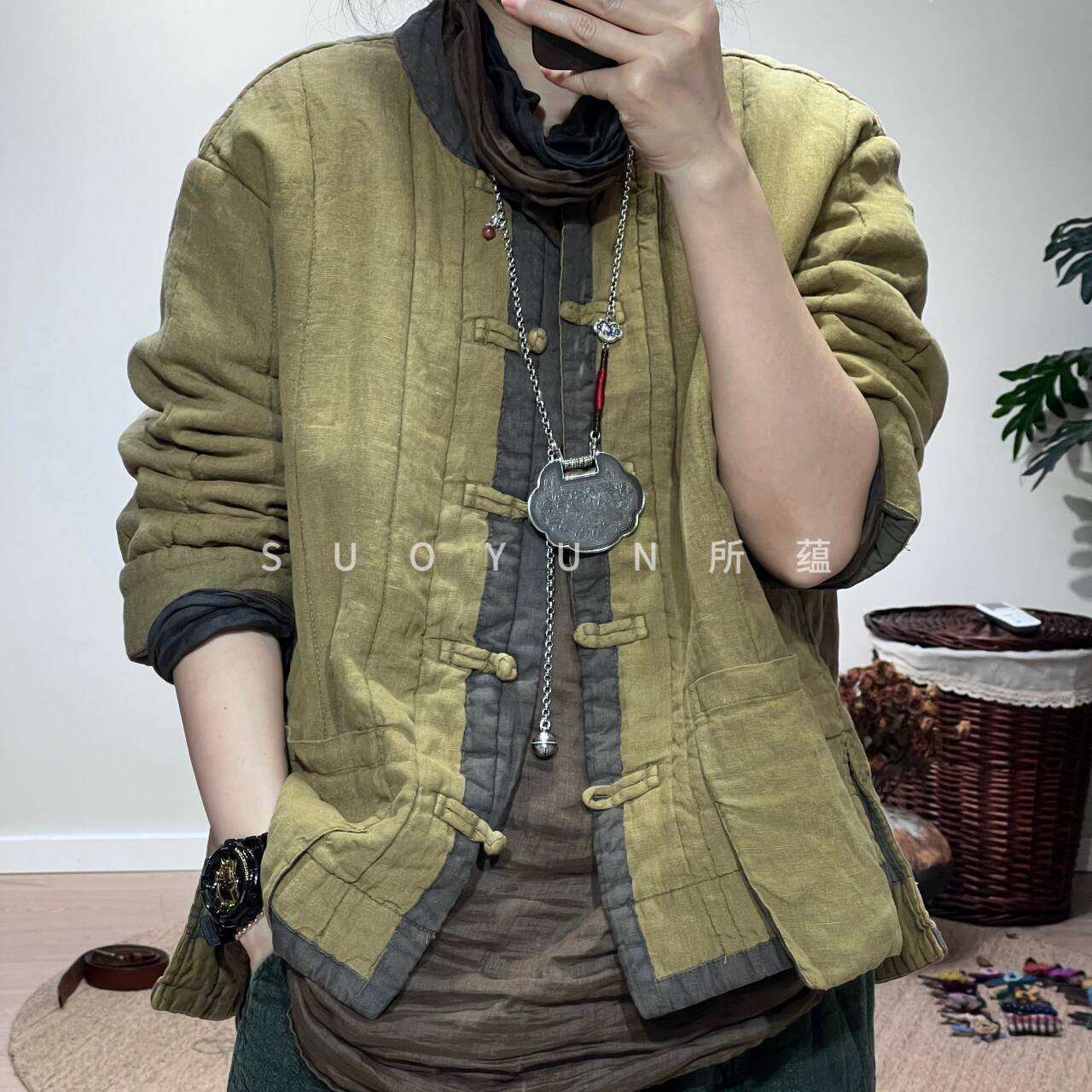 所蕴秋装新款亚麻盘扣双层炒色做旧棉衣复古休闲宽松棉服外套M9