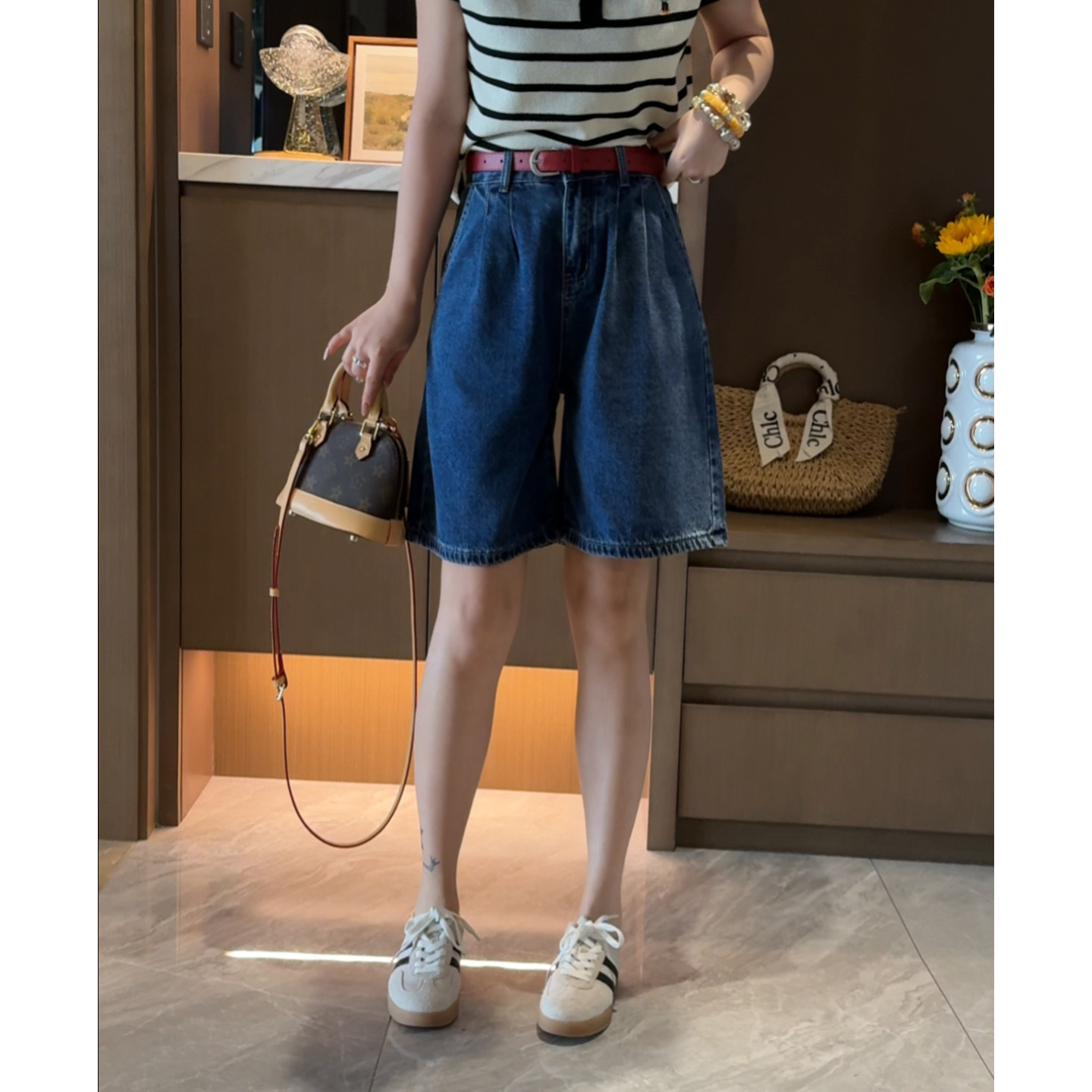 玳妮【红腰带短裤】夏季新款水洗软牛仔短裤红色腰带设计款减龄洋气