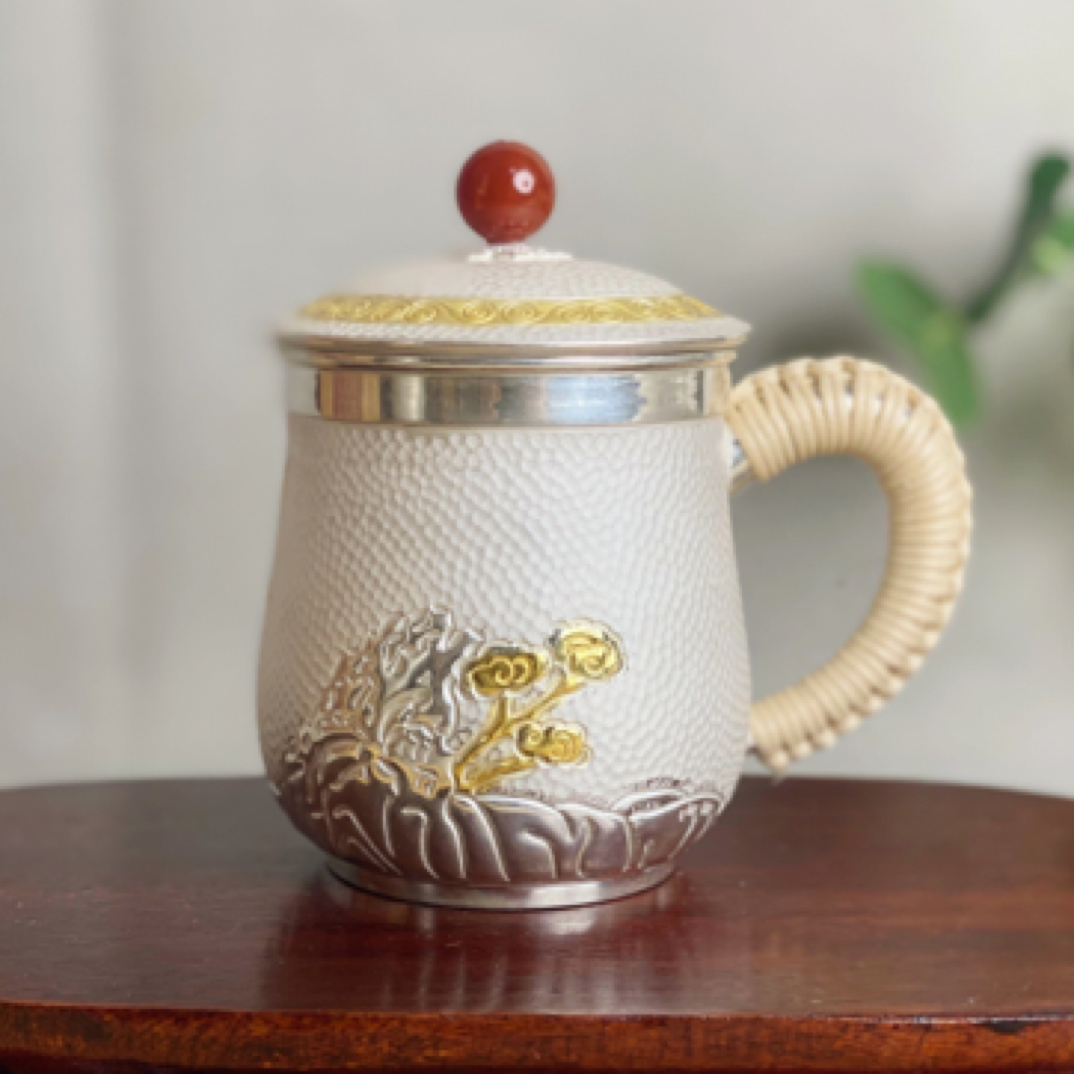 手工兰花银马克杯茶缸茶水杯家用礼品茶具