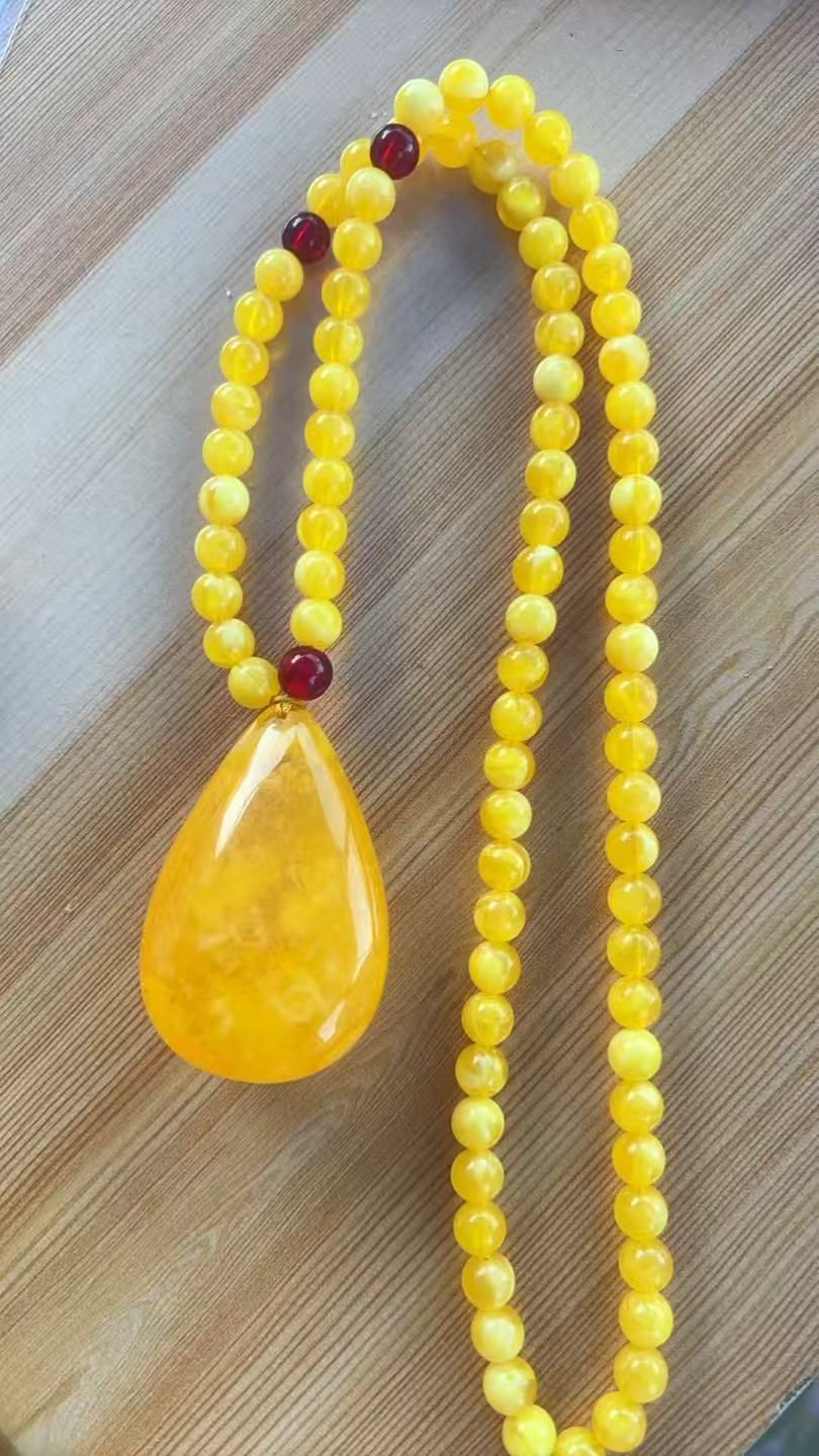 合金珐琅手链 原矿圆珠单珠百花蜜鸡油黄吊坠文玩配饰