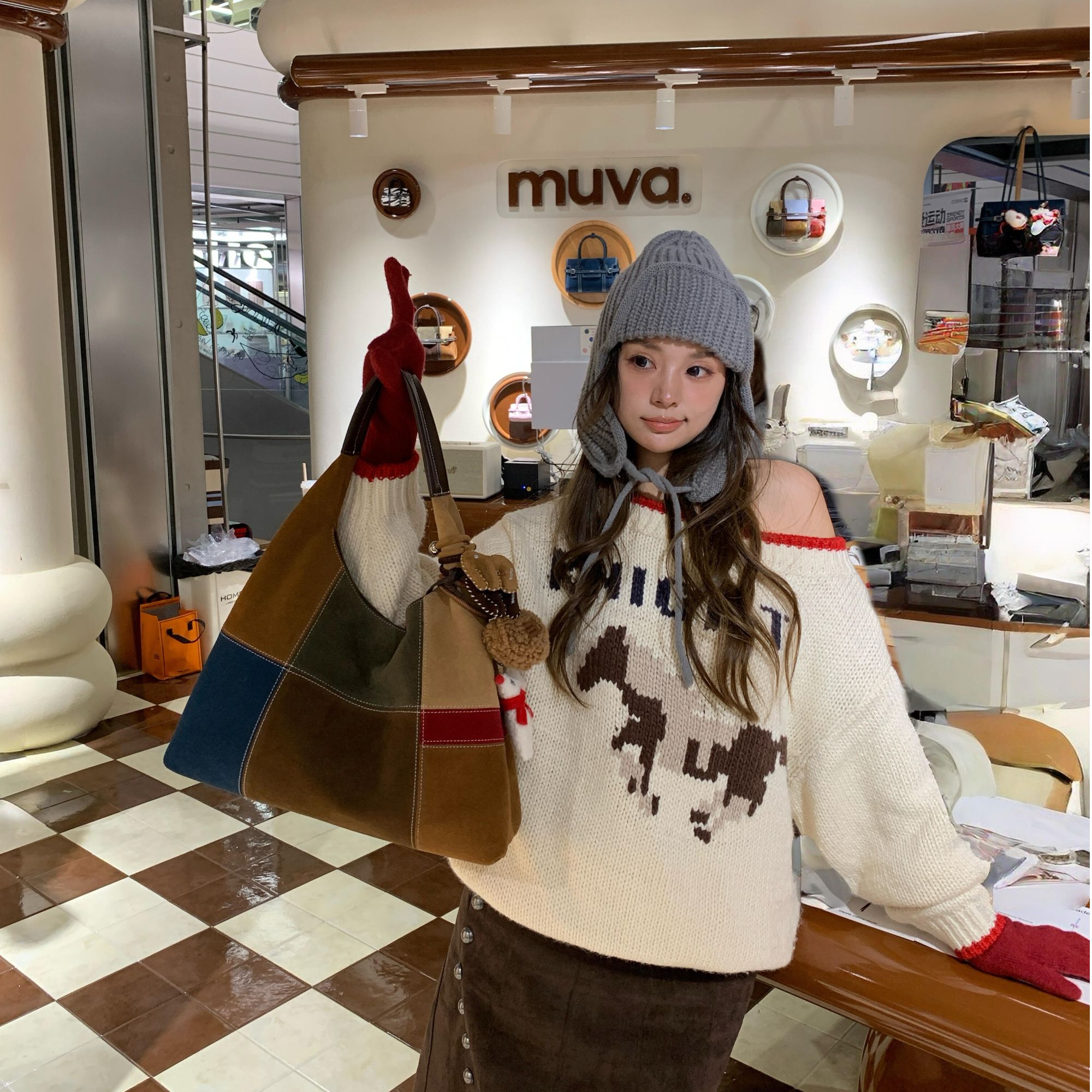 费尔岛提花斜肩正反两穿毛衣女秋冬慵懒感软糯针织衫宽松上衣