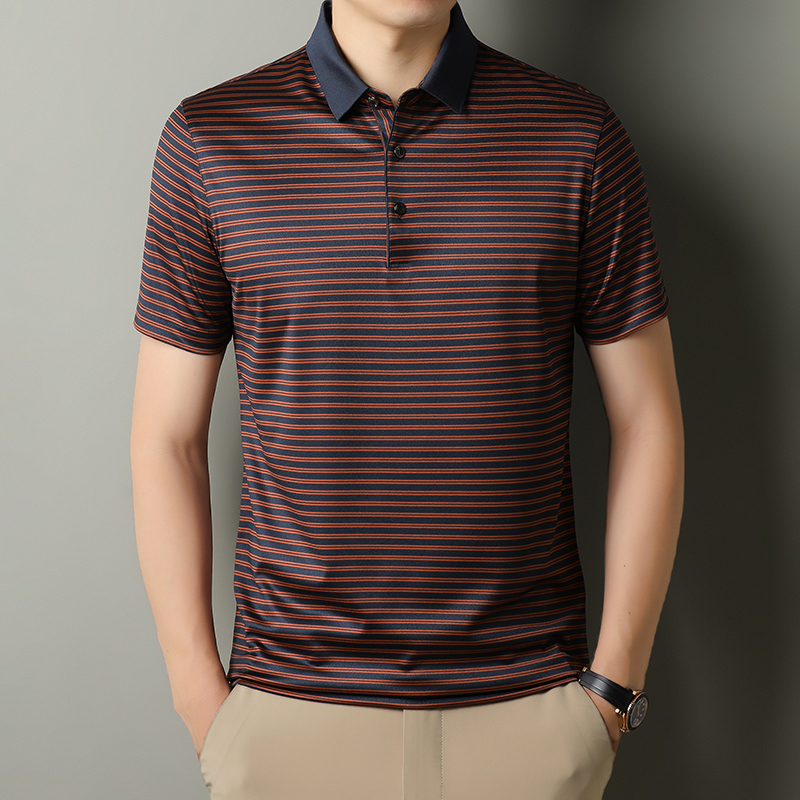 【桑蚕丝+醋酸】夏新款中年男士翻领商务经典桑蚕丝条纹短袖