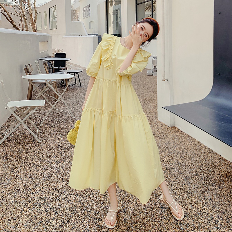 春游出行衣服2025夏季泡泡袖圆领连衣裙子温柔知性衣服洋气衣服女