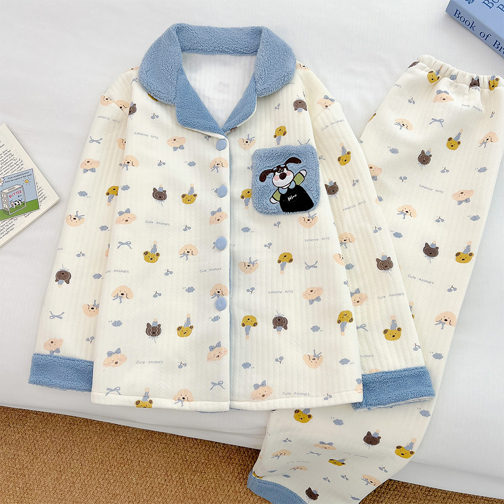 2025新款派对小狗睡衣女冬季空气棉长袖甜美夹层秋冬保暖家居服