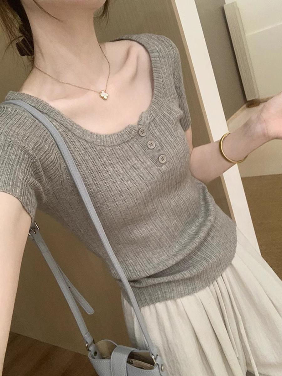 正肩针织短袖T恤女夏季方领独特漂亮薄款冰丝气质亨利领韩版显瘦