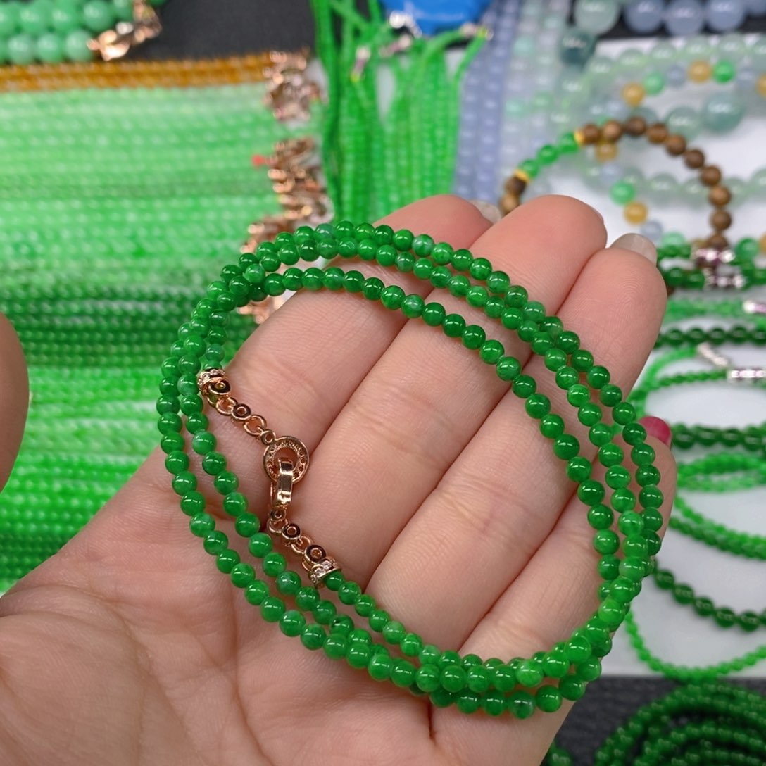 颈饰未镶嵌翡翠缅甸天然翡翠阳绿小米珠塔链3.3，3.7