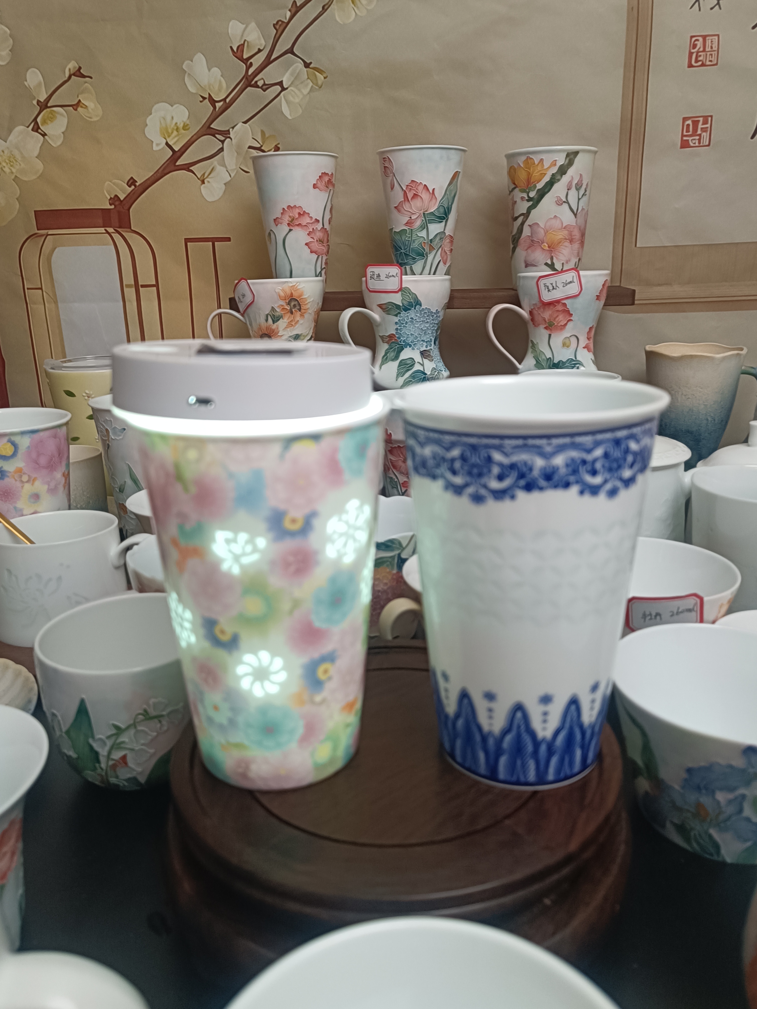 景德镇高温咖啡杯马克杯办公杯玲珑可乐杯（万花1个，青花1个）