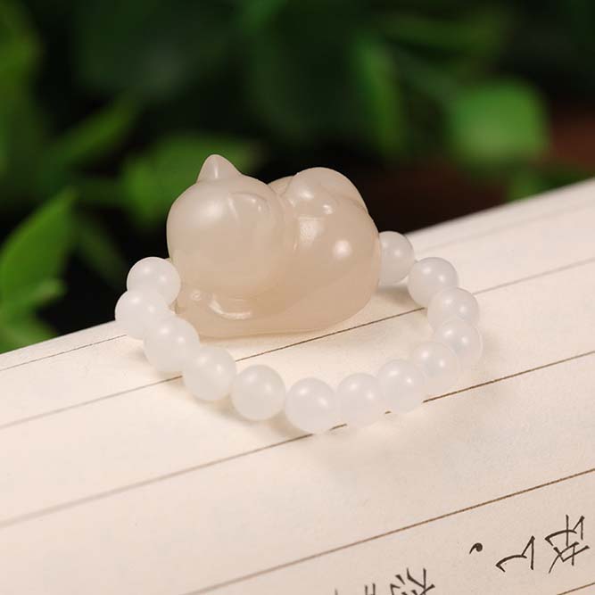 【叶叶珠宝】872 和田玉藕粉趴趴猫国风戒指16.5*12.5*11.5