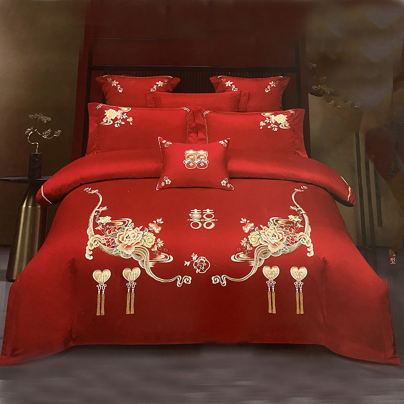 【甜甜蜜蜜】长绒棉绣花结婚四件套大红色