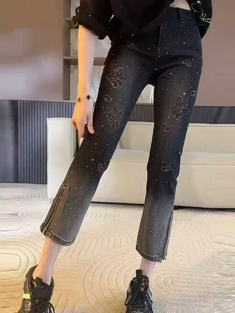 奇奇家韩版大码女装2025秋季新款高腰高弹压钻渐变色牛仔烟管裤
