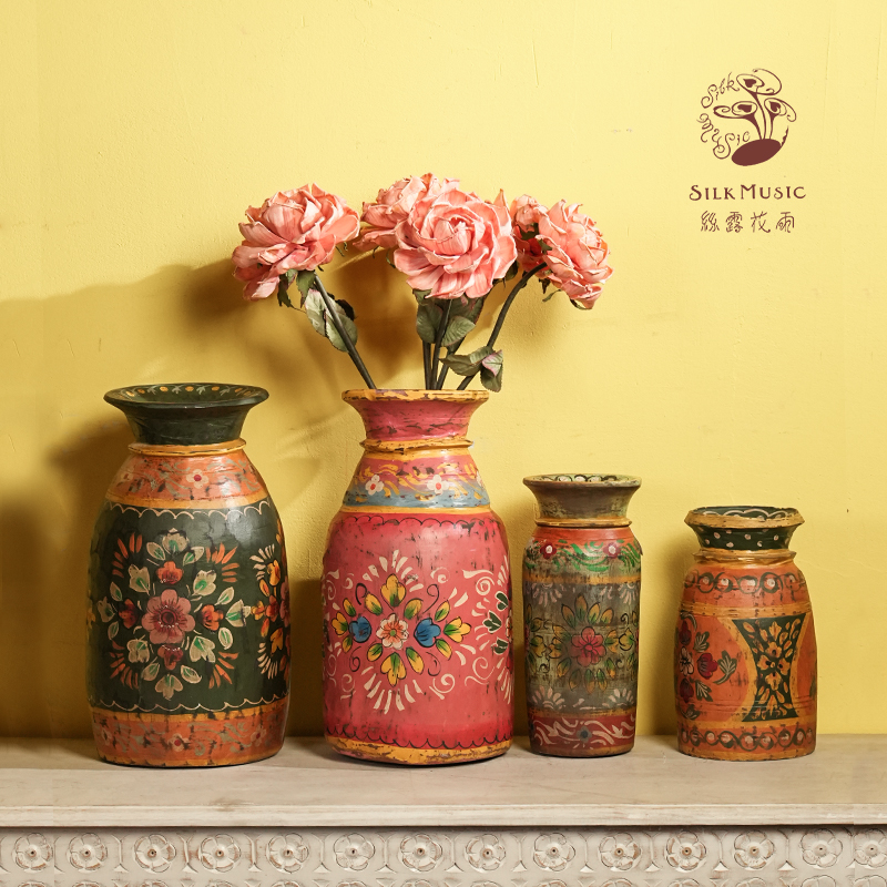 丝露花雨波西米亚印度手工整木雕刻彩绘装饰木罐（原版老货）