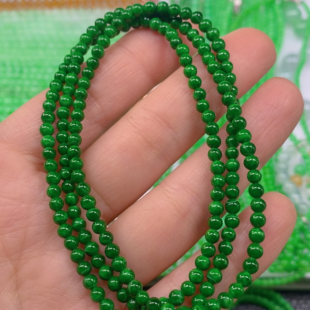 翡翠颈饰未镶嵌辣绿小米珠项链3.9m' m