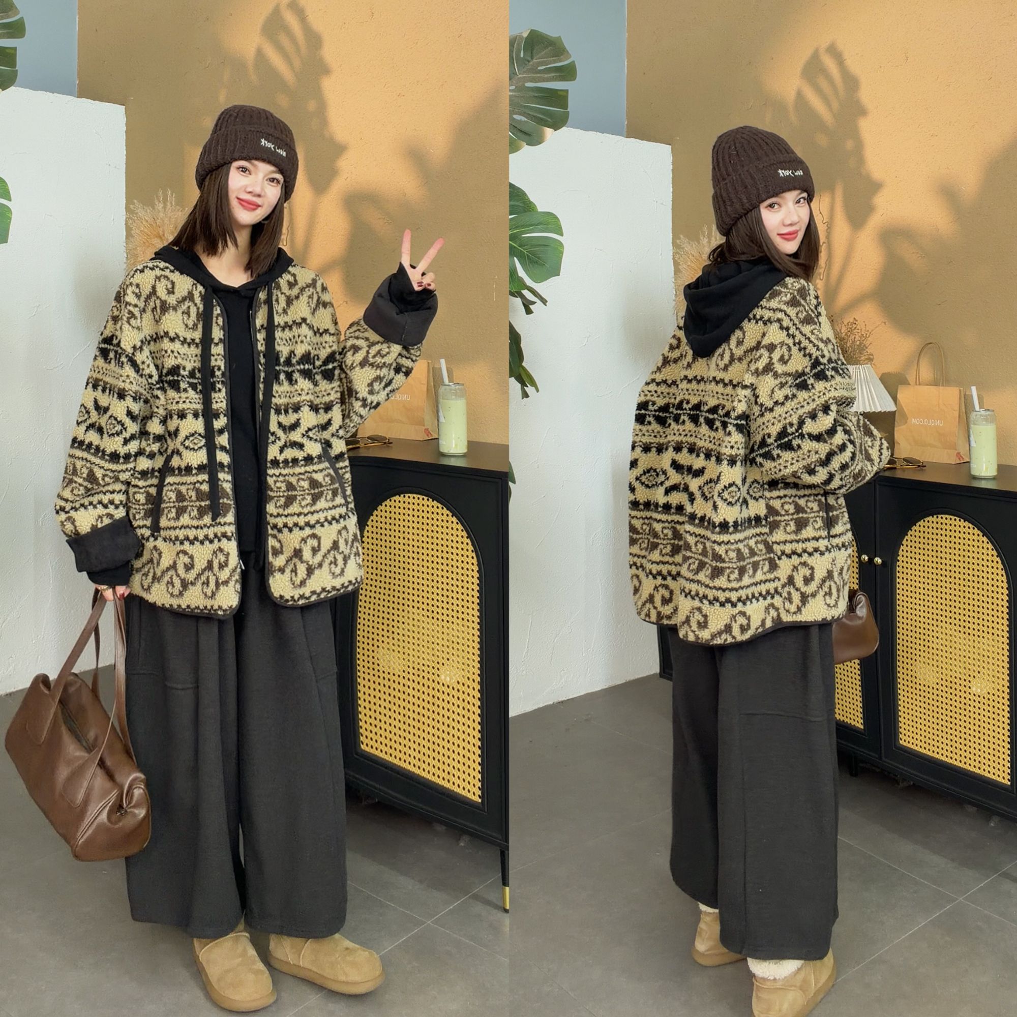 【SI MO】7182费尔岛冬款韩版宽松休闲无领毛毛外套