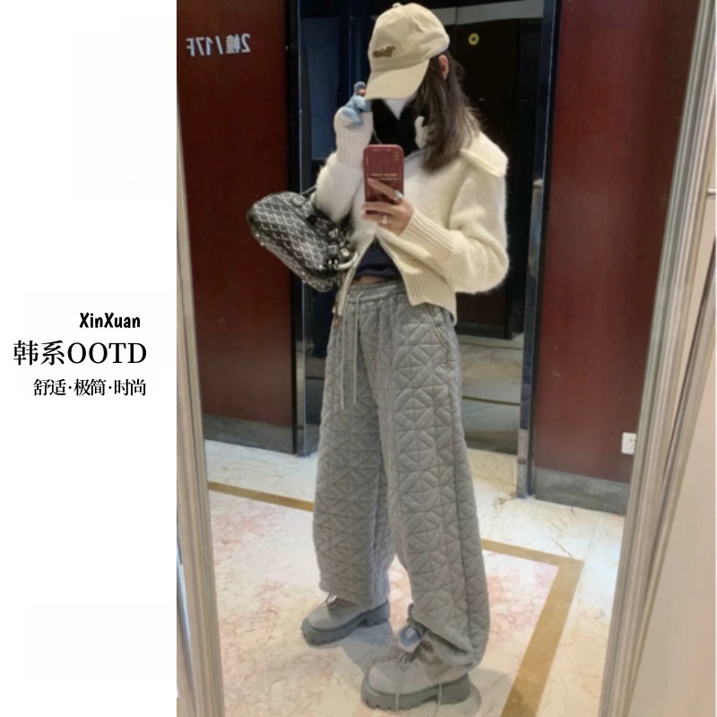YOUXUAN-[暖绒拼接]25秋冬新美式菱形格时髦加厚阔腿裤E-1279