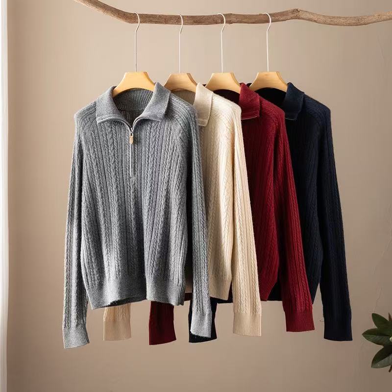 【100山羊绒】 半拉链绞花开衫