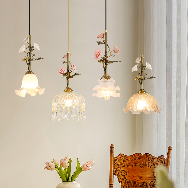 【花语】全铜法式床头吊灯氛围玫瑰花朵小吊灯个性复古餐厅中山灯具