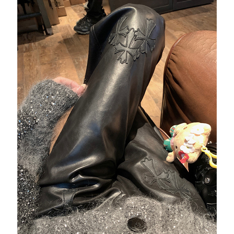 十字克罗星高腰拖地直筒阔腿PU皮裤长裤女2024春秋新款气质百搭
