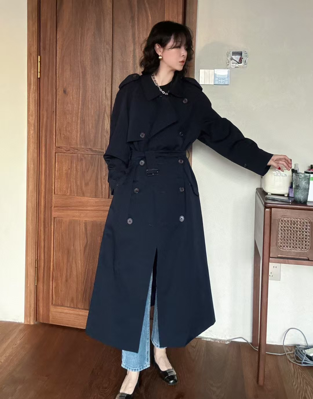 95新 BURBERRY/博柏利 送中检/博柏利蓝色双排扣风衣（腰带）