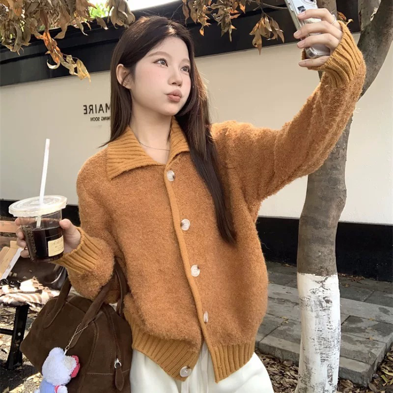韩系新款秋冬圈圈纱短款针织开衫女拼接翻领毛衣外套慵懒别致软糯