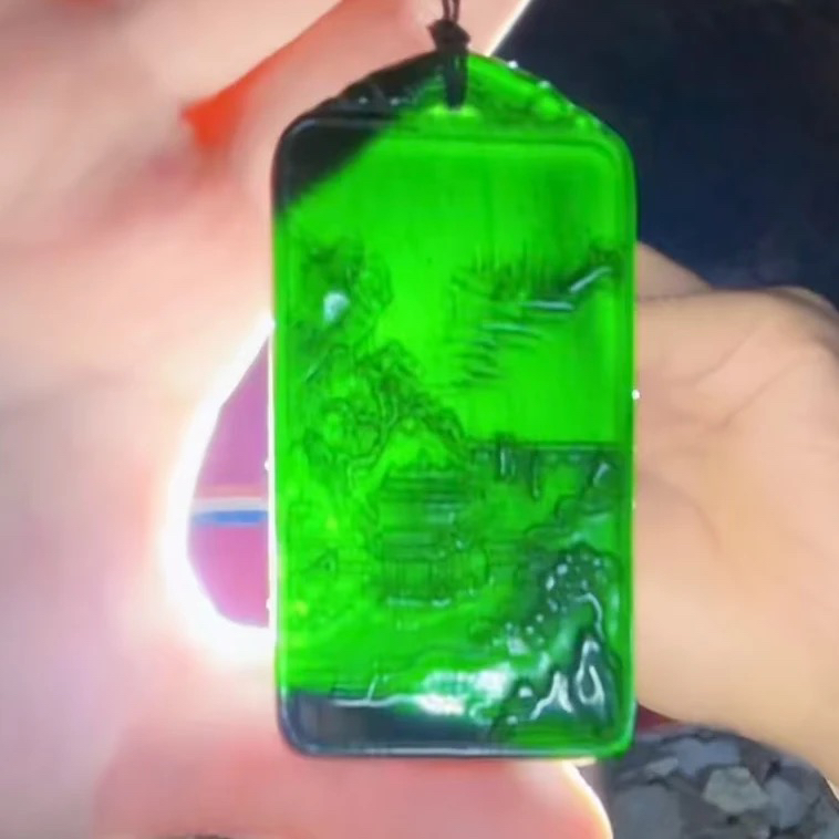 《抖音质检》天然A货墨绿山水牌多样性LX" 勿拍 讲解挂车