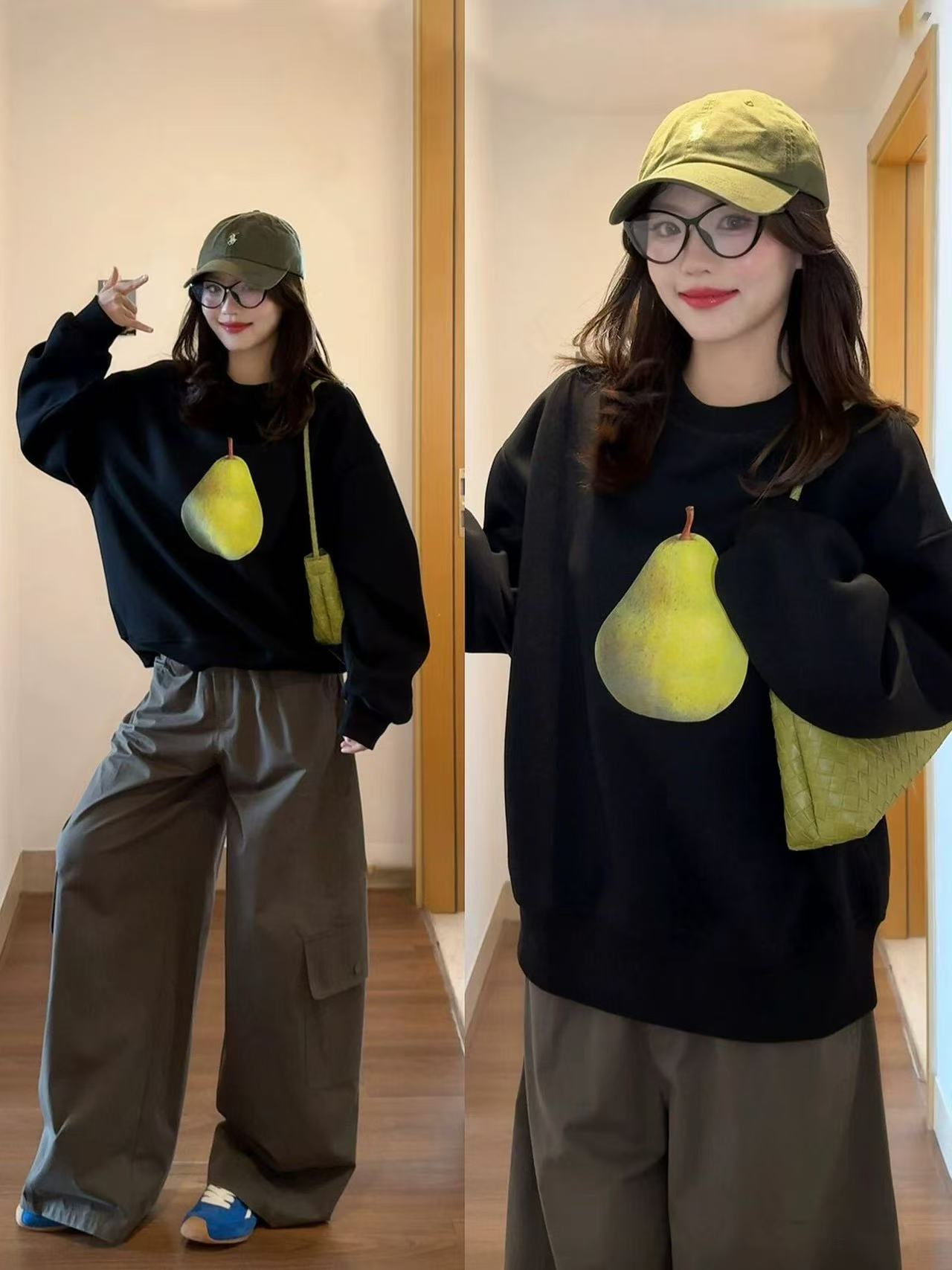 春秋卫衣宽松型百搭时尚印花圆领长袖狸猫休闲上衣+阔腿裤两件套