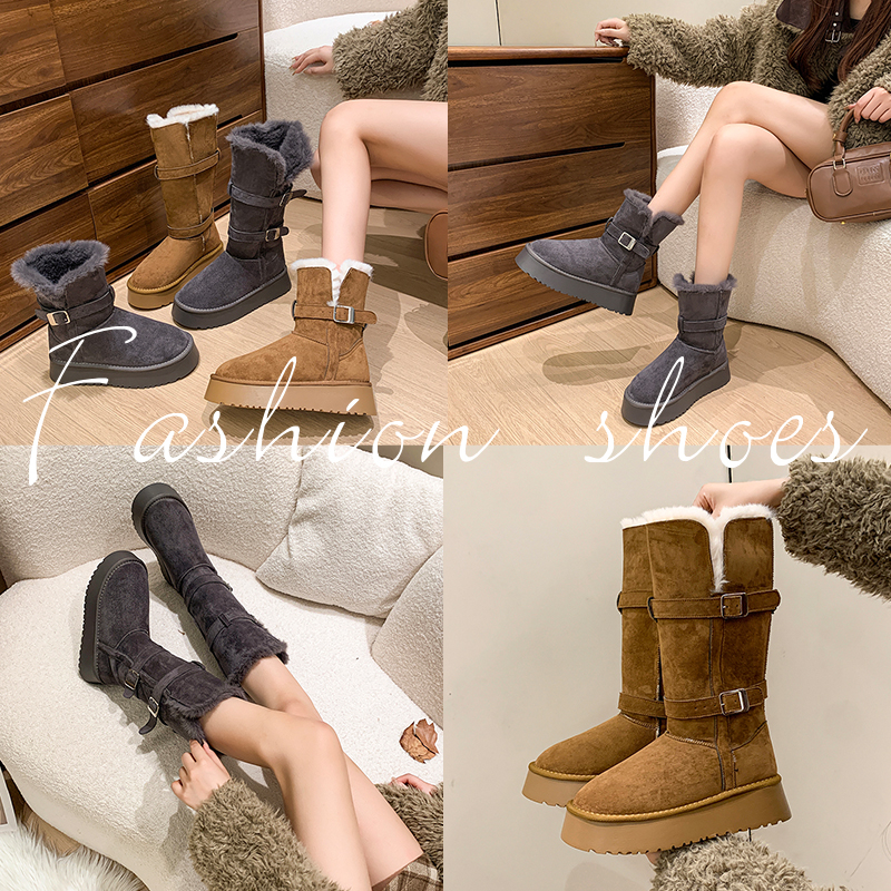 2025秋冬新款厚底灰色长筒雪地靴女增高加绒加厚保暖东北棉鞋