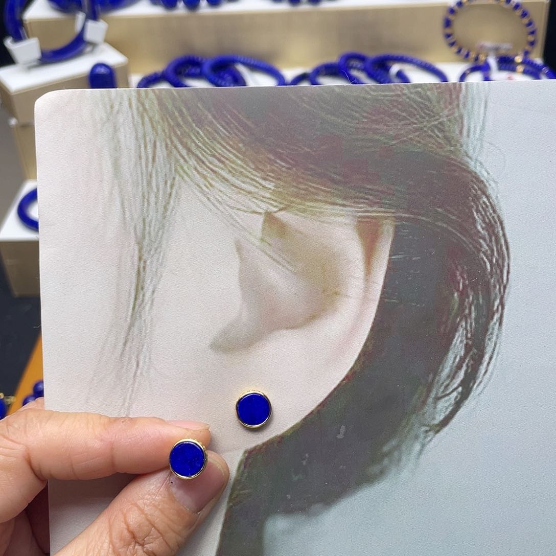 青金石圆耳钉花边99银S925镀金镶嵌