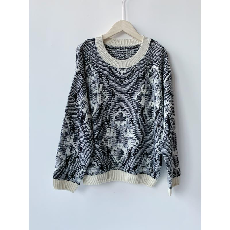 清-汤圆吖慵懒风圆领套头黑灰针织毛衣243082