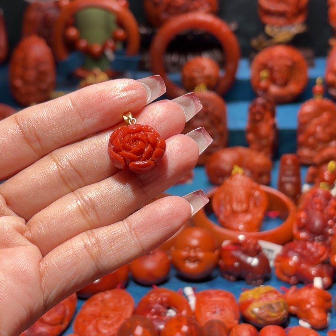 银S925镀金镶嵌雕刻南红玛瑙春****C