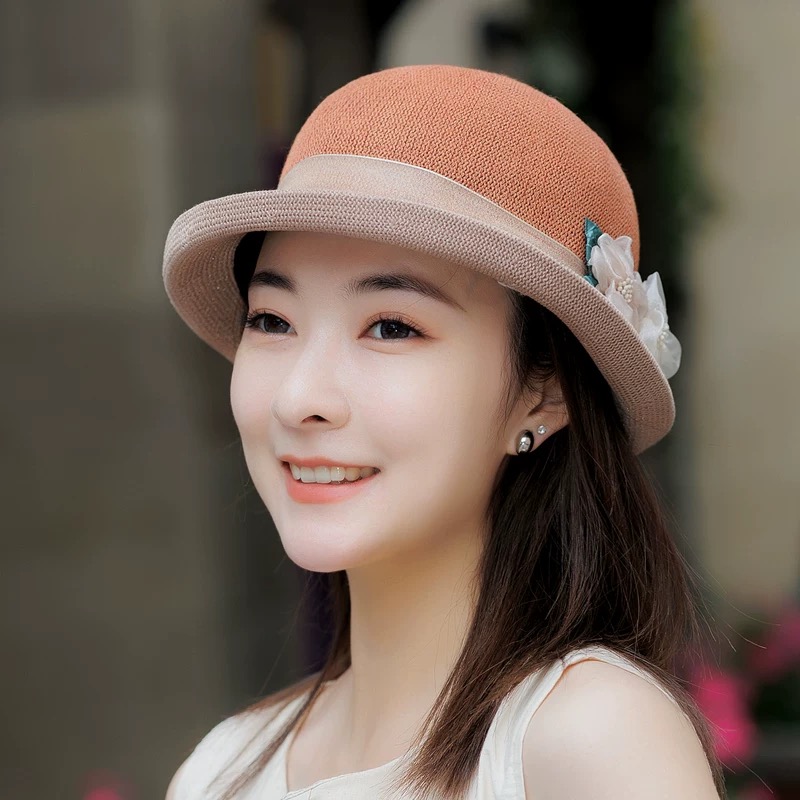 新款渔夫帽双色网纱花朵女夏天透气薄款遮阳妈妈贵妇卷边礼帽子