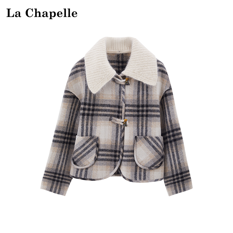 拉夏贝尔翻领复古格纹短款毛呢外套女小个子休闲通勤百搭休闲大衣