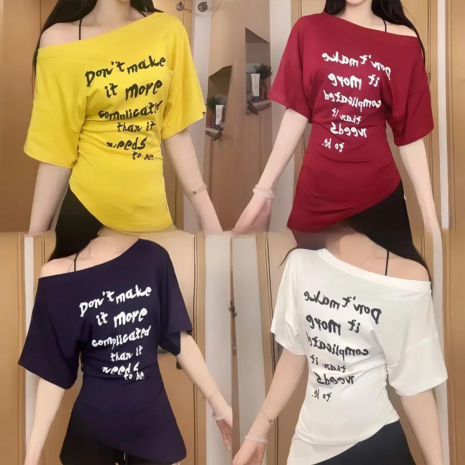 字母印花设计感斜肩短袖t恤女夏季新款辣妹修身显瘦上衣时尚休闲