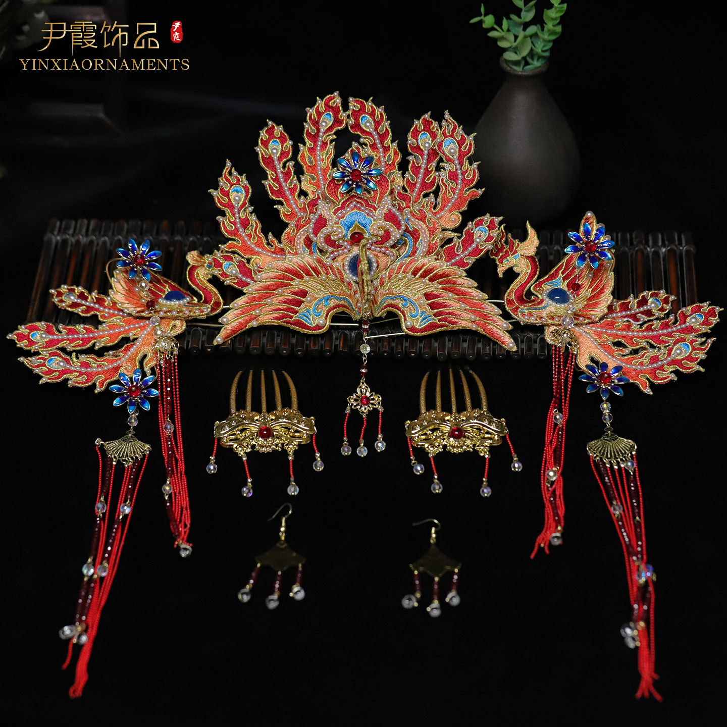 新款汉服发饰新娘饰品凤冠头饰红凤凰凤钗中式婚礼婚服配饰手工