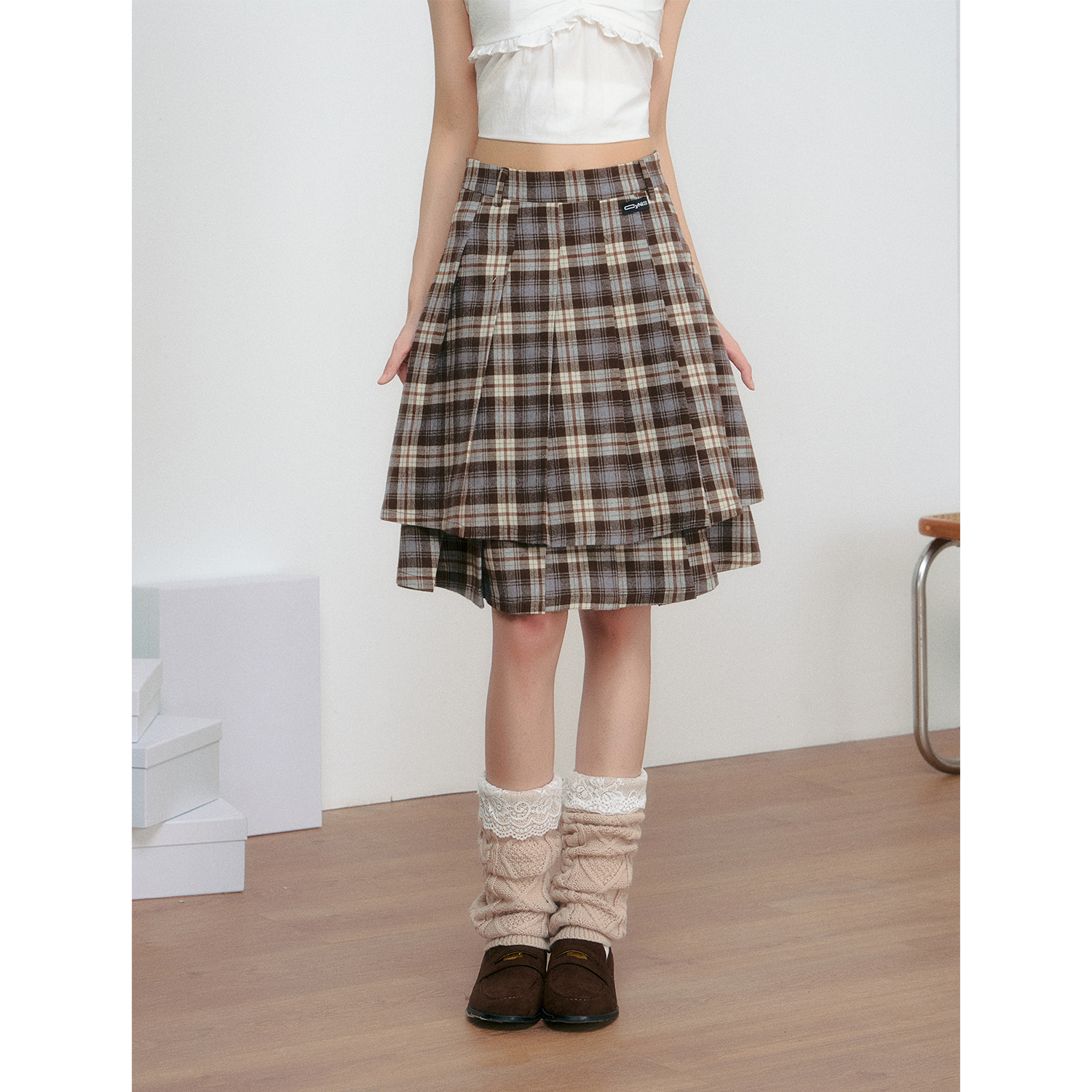 【年终福利】CyNi 甜酷复古格纹拼接A字中长款复古格子双层百褶五分