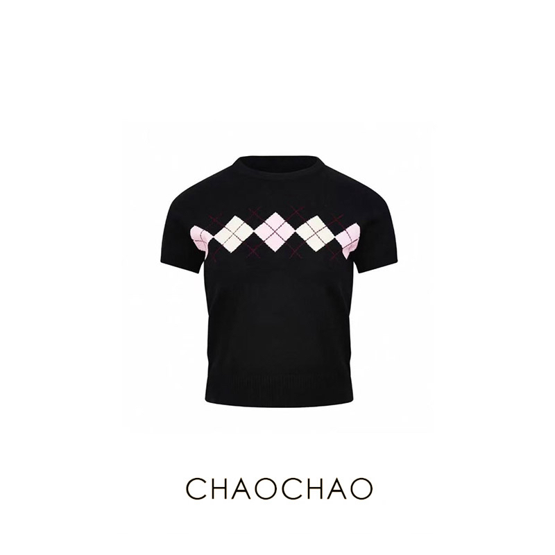 CHAOCHAO | 菱格纹短袖针织上衣女装圆领常规款毛印花针织衫