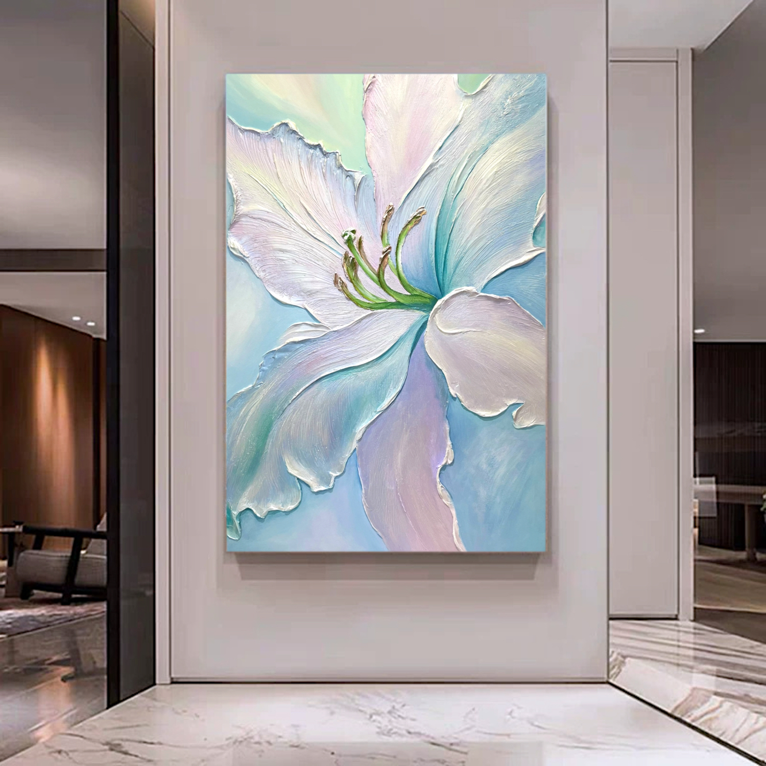 百合花立体花卉肌理手绘油画奶油风客厅装饰画法式入户玄关挂画