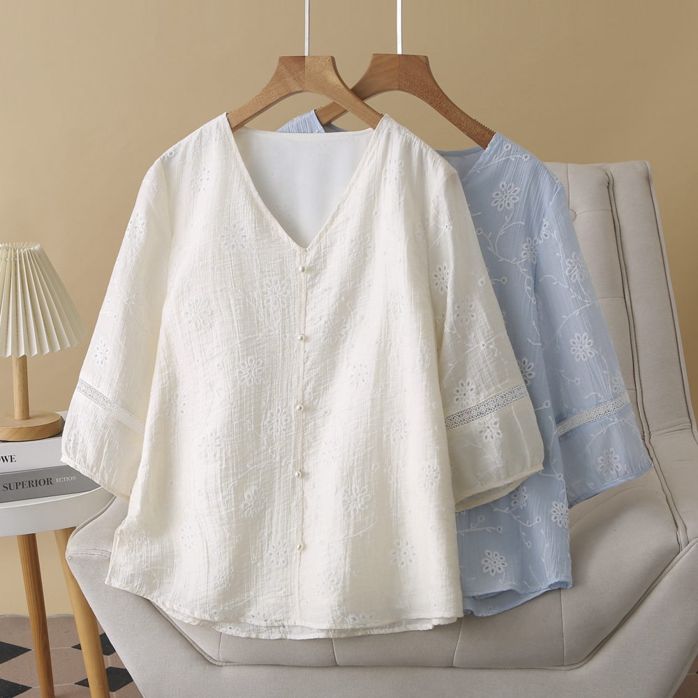 DYZ减龄大码女装显瘦薄款夏季五分袖短袖衬衫中式休闲V领上衣