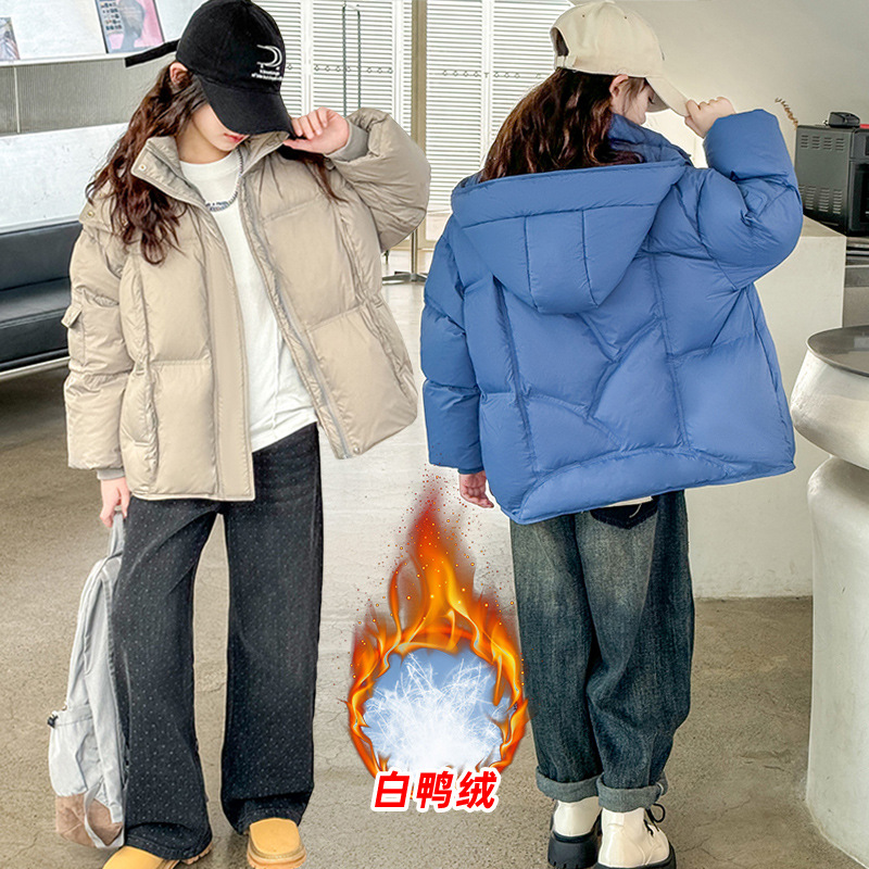 女童冬装新款大童羽绒服外套儿童白鸭绒中长款秋冬潮范蓝色
