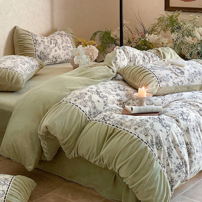 ◎复古印花牛奶绒四件套柔软加厚保暖床单被罩款床上用品套件