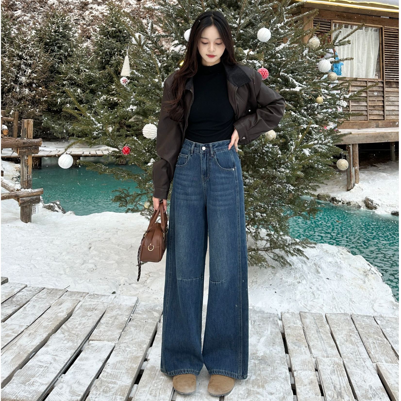 【加绒/不加绒】高腰秋冬季复古无弹冬季牛仔裤宽松韩版垂感 肆贰