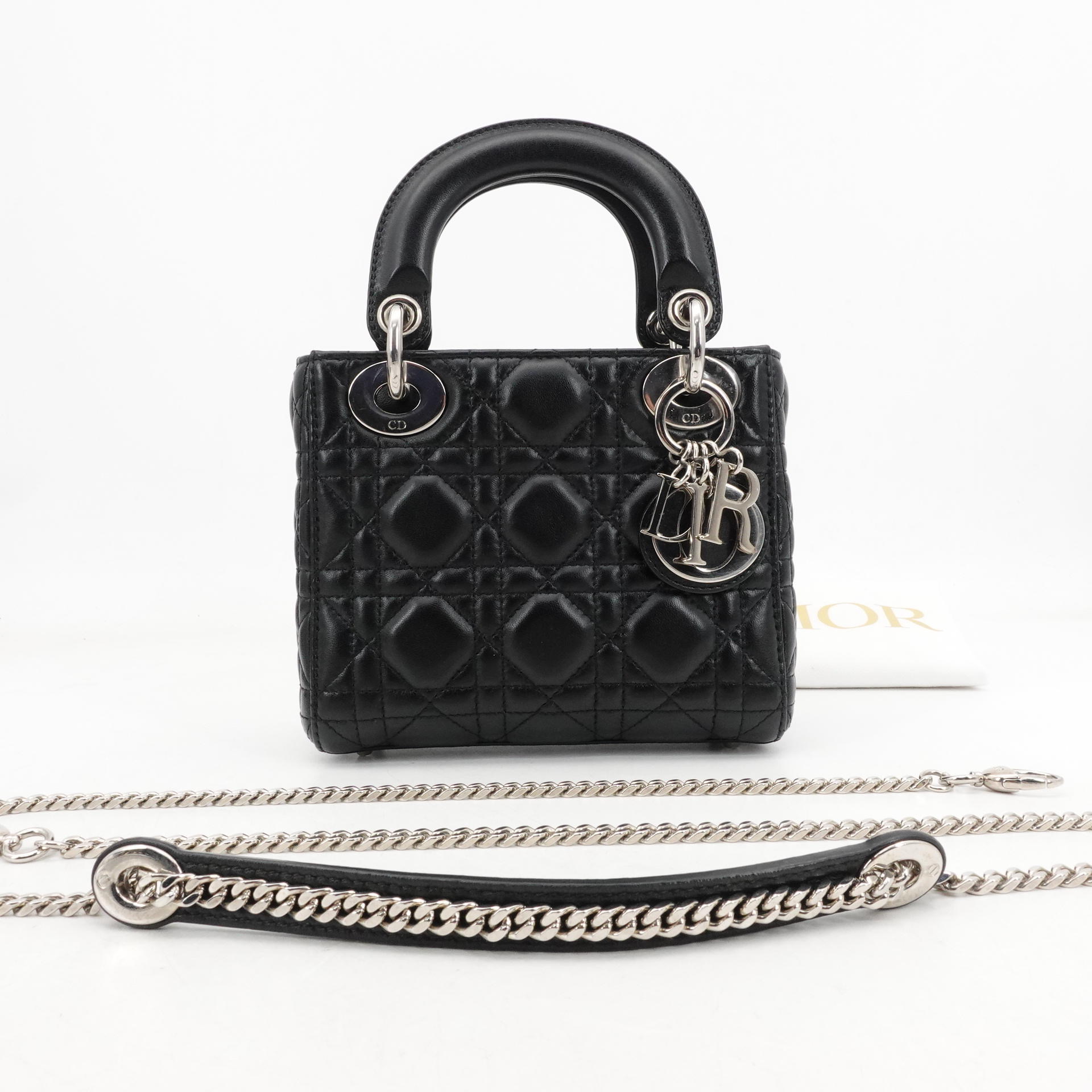 95新 DIOR/迪奥 GGS戴妃三格黑银羊皮单肩包/44646576