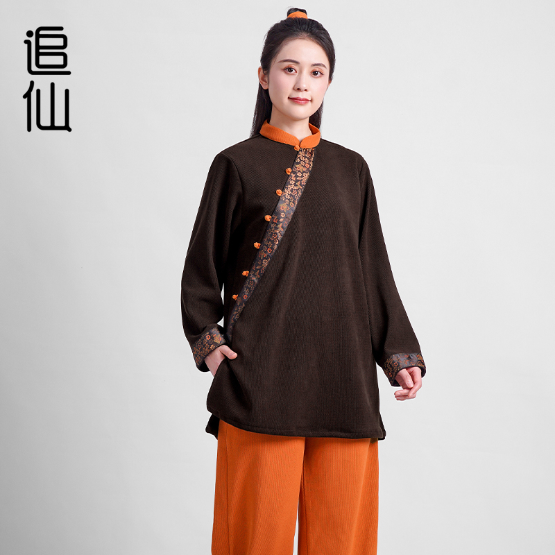 追仙新款素纹呢秋冬原创太极服国风练功太极拳武术表演团体套装