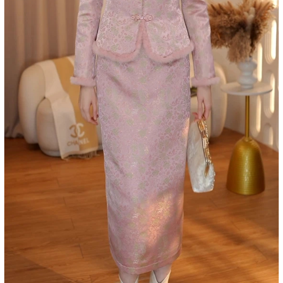 东方黛迪【宋韵羽织】白鹅绒水貂毛领新中式羽绒服套装半裙PO82697