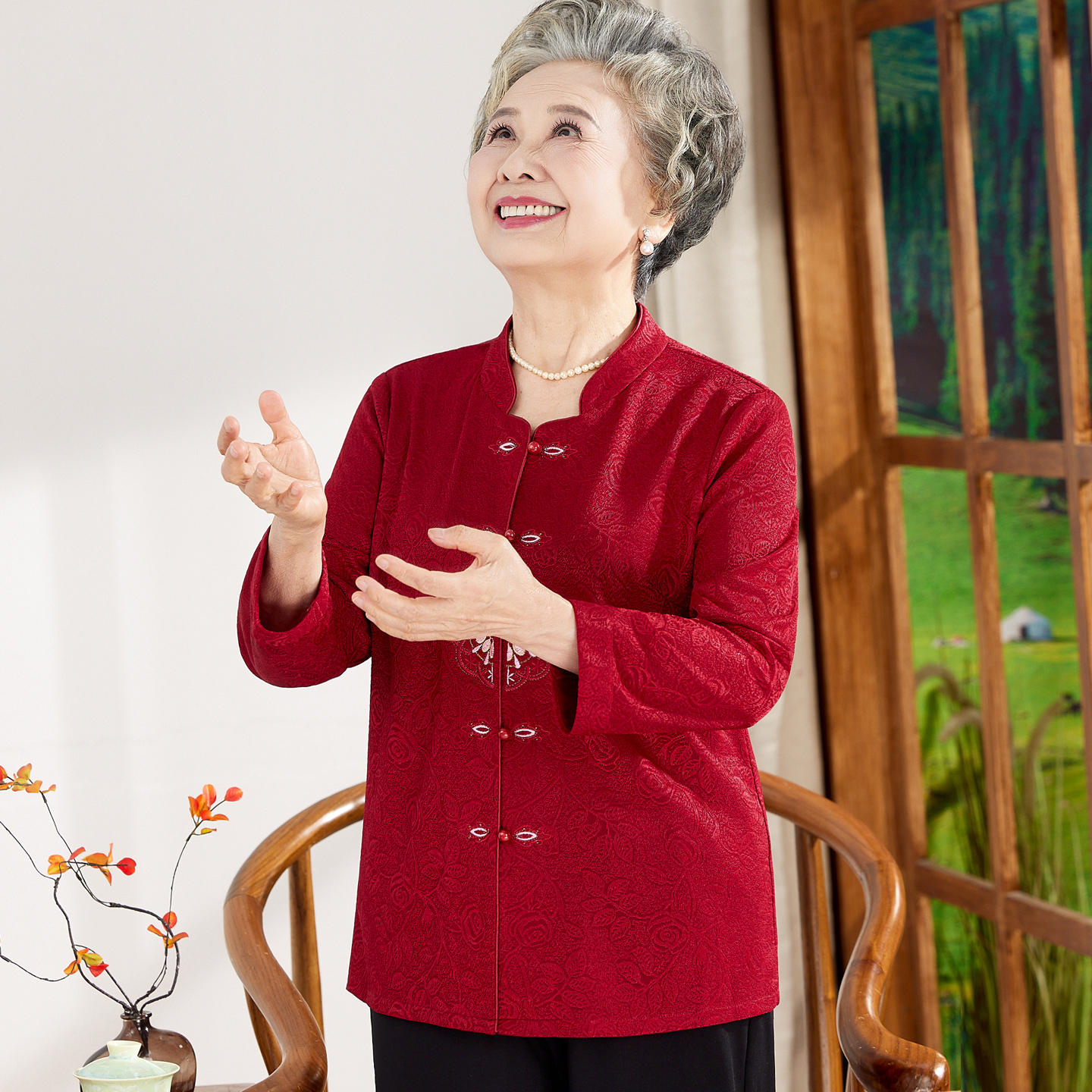妈妈装喜庆长袖衬衫婚宴薄款外套60岁70中老年人太太衣服奶奶上衣