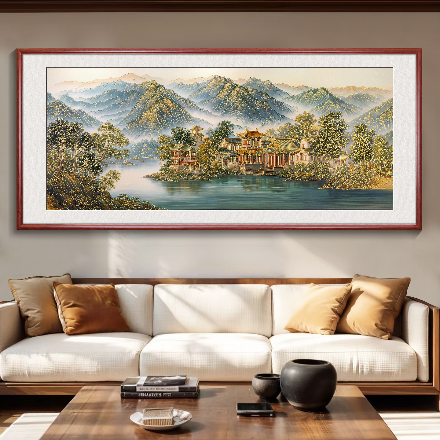 浮雕描金福阁聚财新中式山水客厅装饰画办公室沙发客厅背景墙挂画