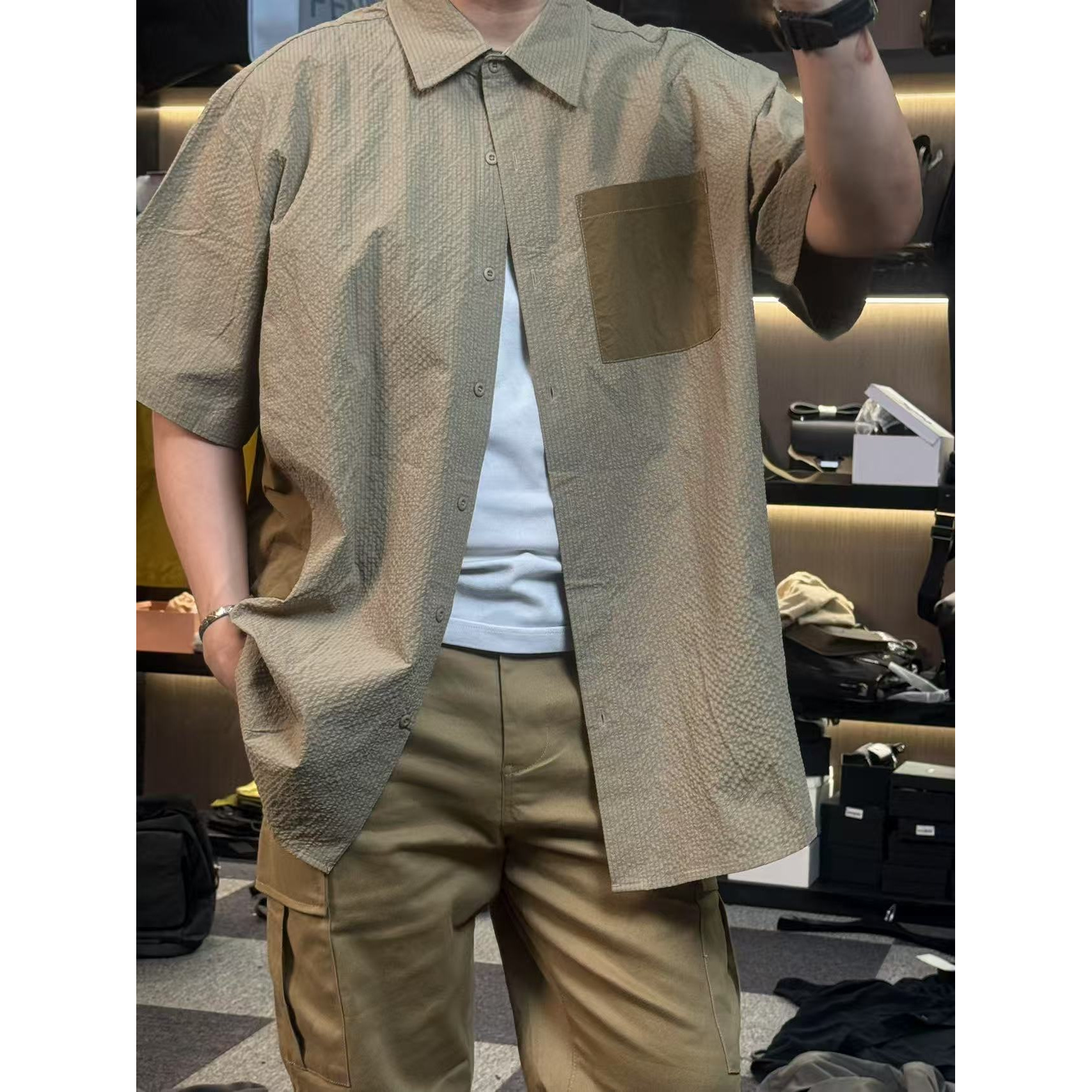 30950-短袖薄款日系拼色格子拼接衬衣衬衫休闲夏季衬衣