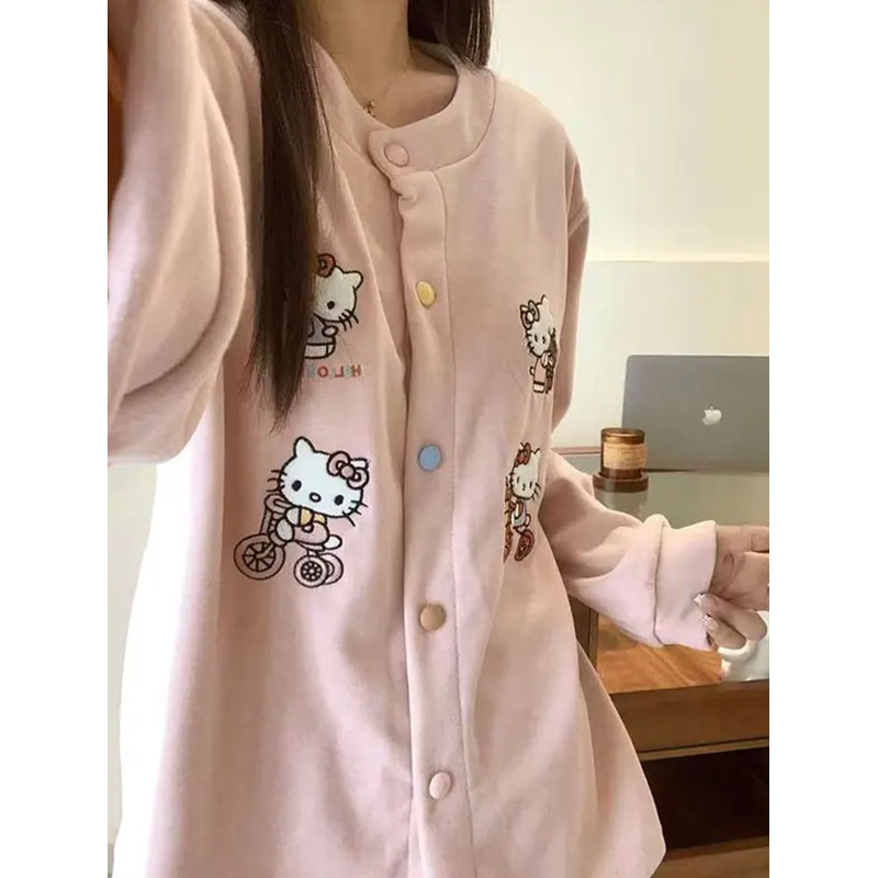 韩系hellokitty刺绣少女睡衣女秋冬羊绒加厚保暖带胸垫家居服套装